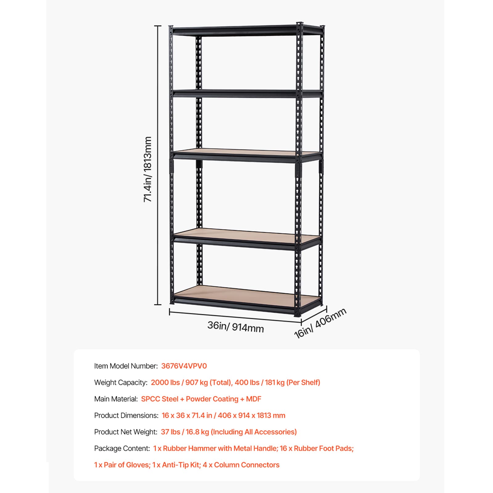 Storage Shelves 16" D X 36" W X 71.4" H 5-tier Garage Storage Shelving_maomaolike.com